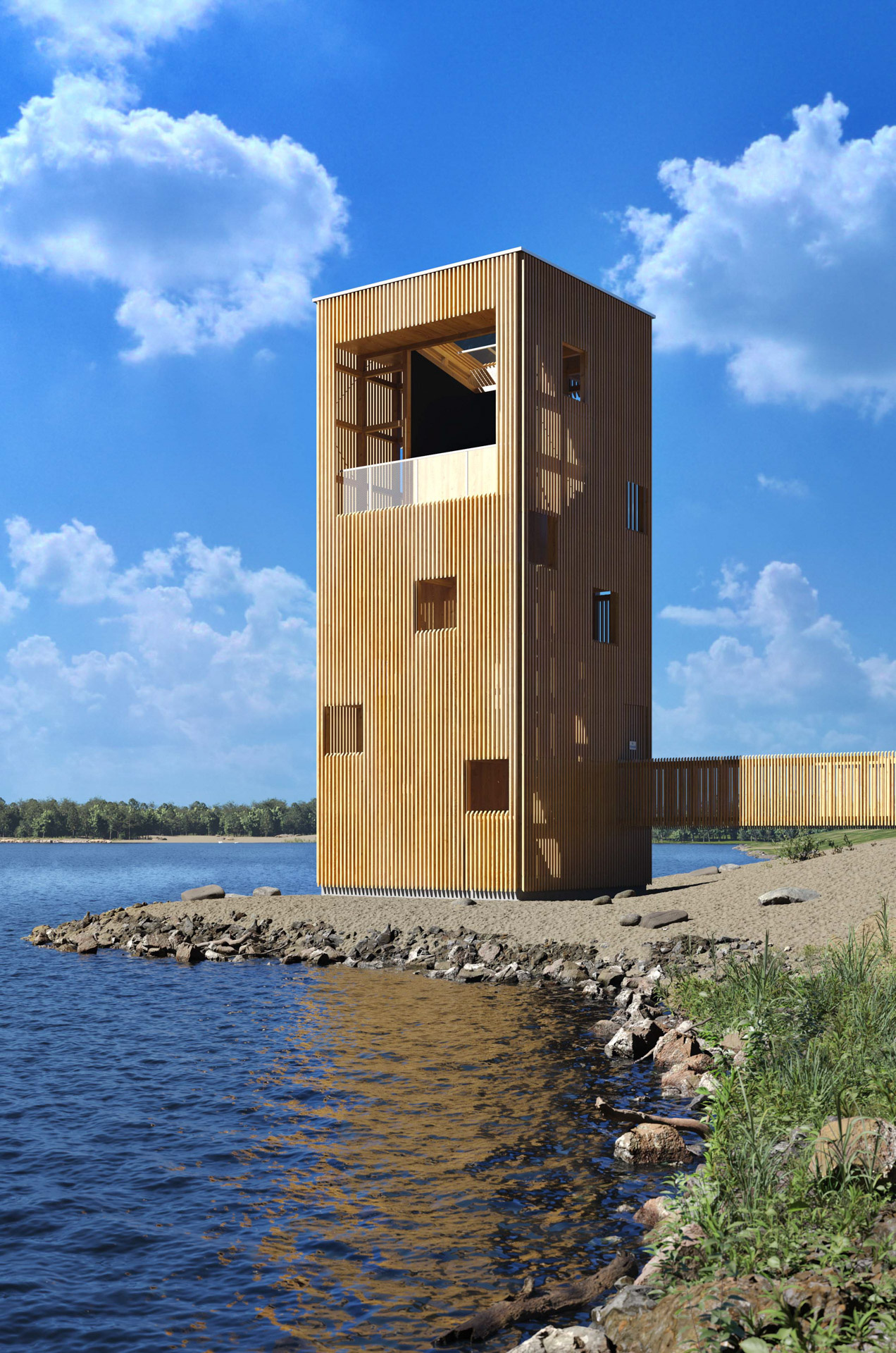 Exterior Architectural Rendering of a tall wooden observation tower with vertical slats, set on a sandy shoreline with water and blue sky in the background.