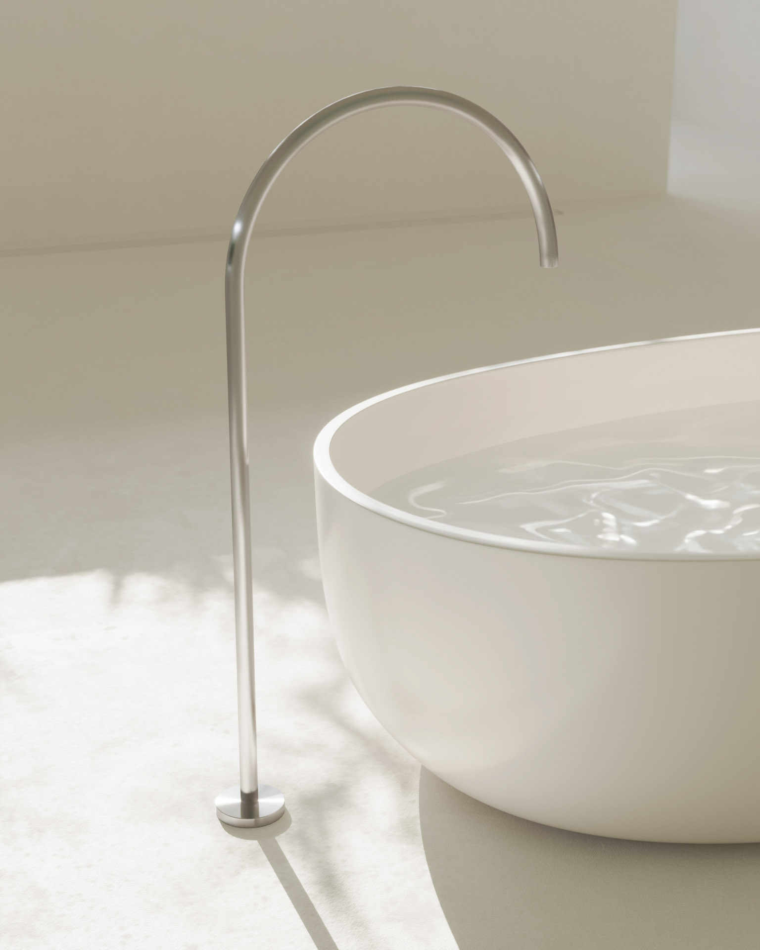 Interior rendering of a minimal white freestanding bathtub filled with water, next to a sleek arched floor-mounted faucet in soft sunlight.