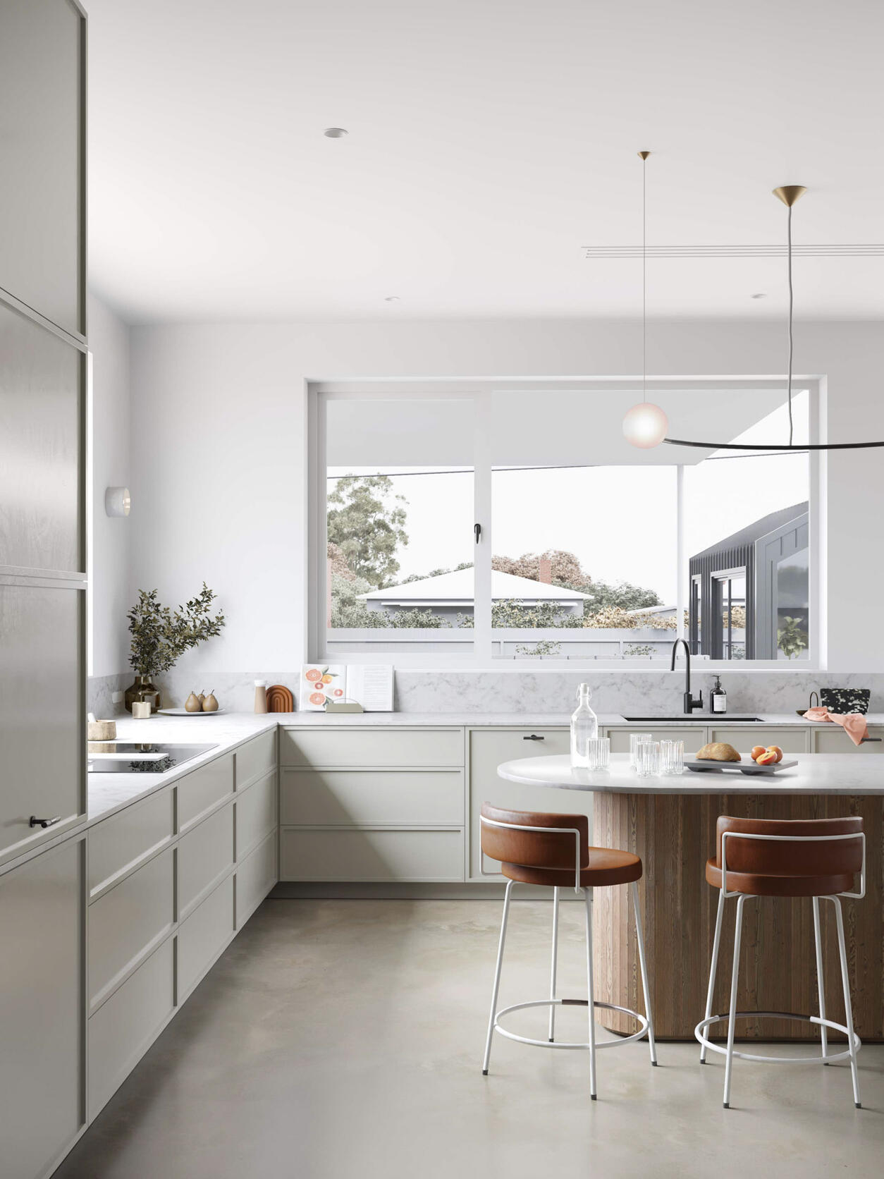 Architectural interior rendering Rendering of a bright modern kitchen with pale cabinetry, marble countertops, and a central island with leather barstools.