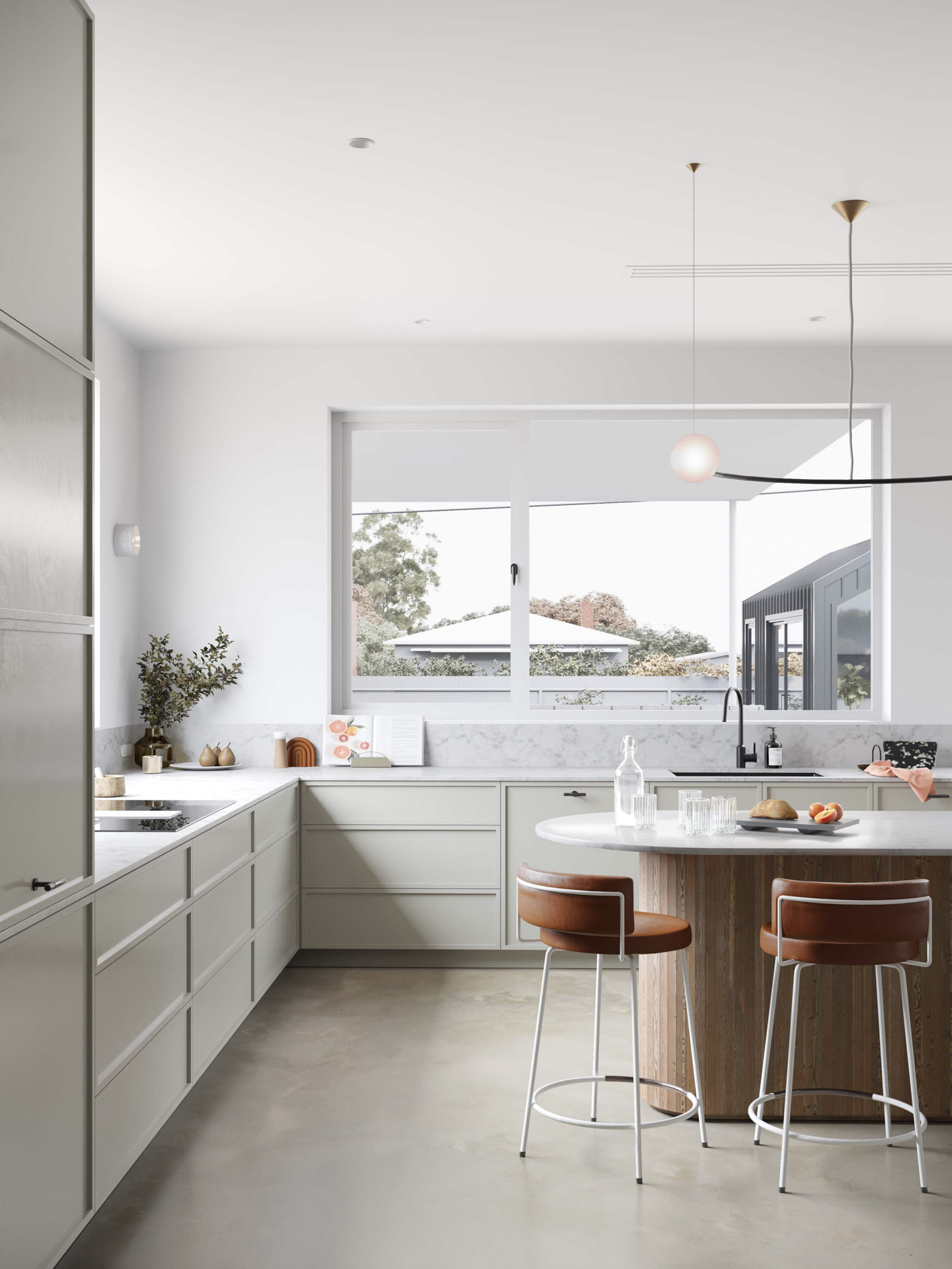 Architectural interior rendering Rendering of a bright modern kitchen with pale cabinetry, marble countertops, and a central island with leather barstools.