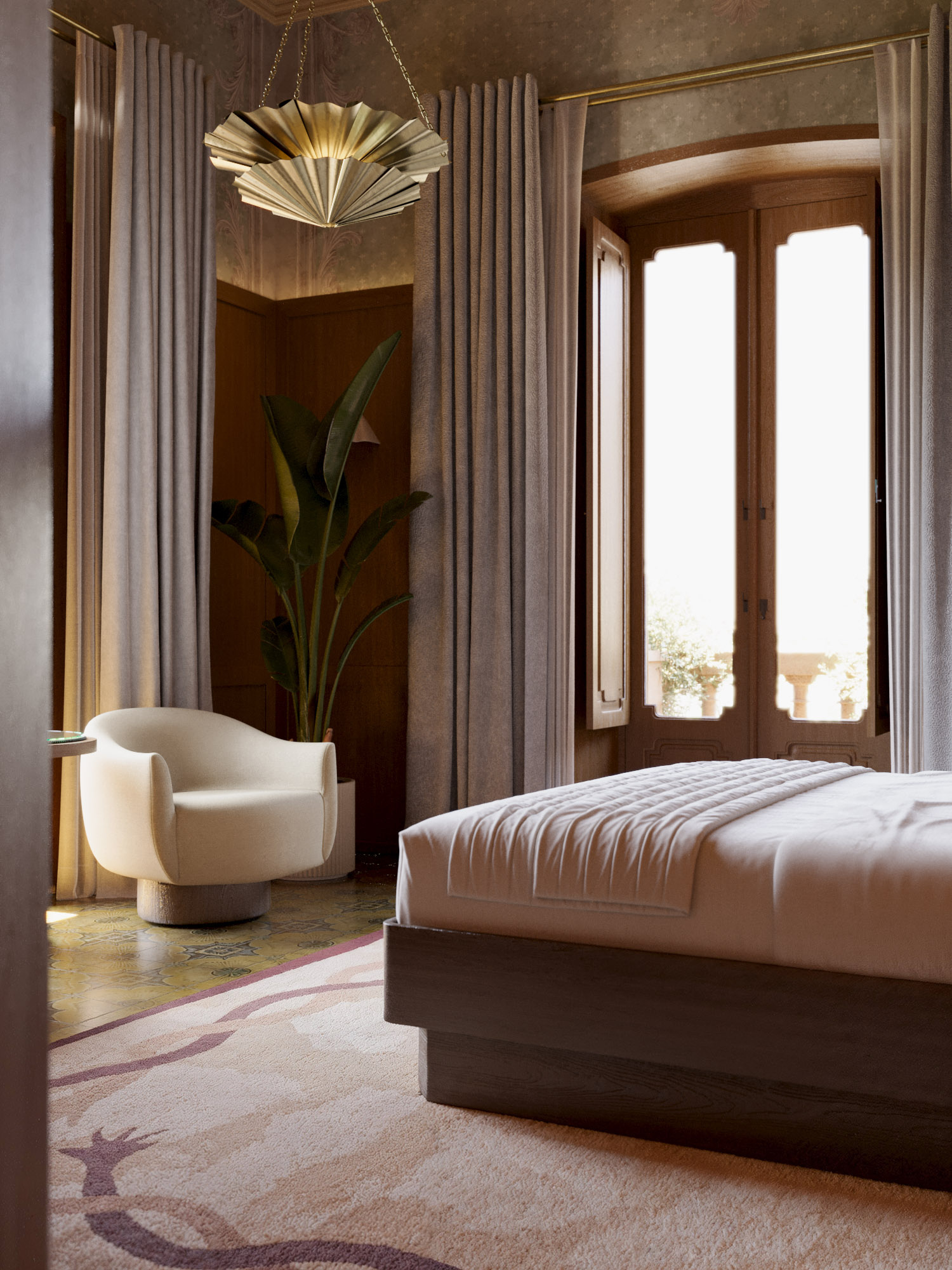 Interior design rendering of Elegant bedroom with a sculptural beige lounge chair, custom pendant light, tall curtains framing arched wood windows, and a soft-toned rug beneath a modern platform bed.