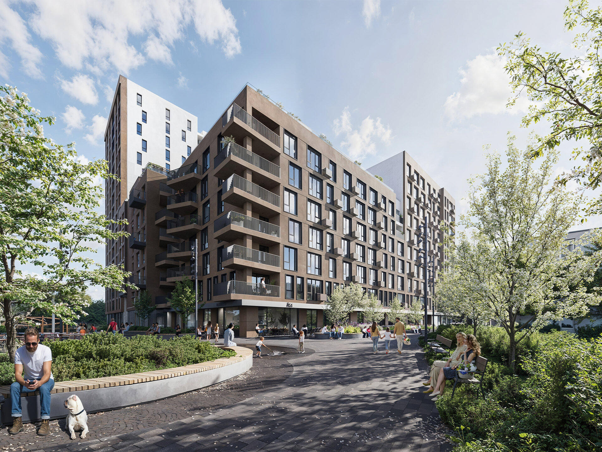 Architectural Rendering of a modern residential building with stepped balconies, surrounded by landscaped public space with people and trees