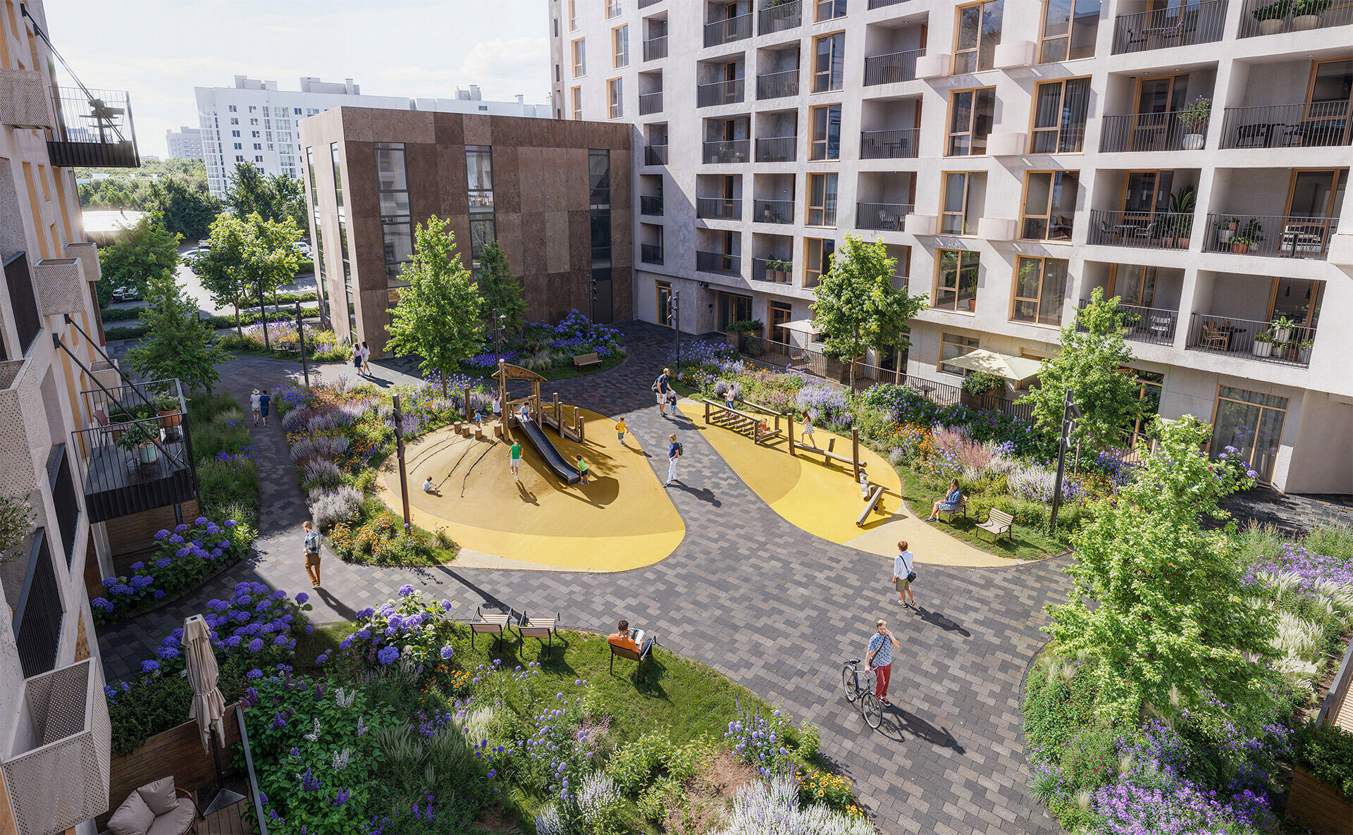 Photoreal rendering of a vibrant courtyard space with naturalistic planting, active play areas, and pedestrian-friendly design