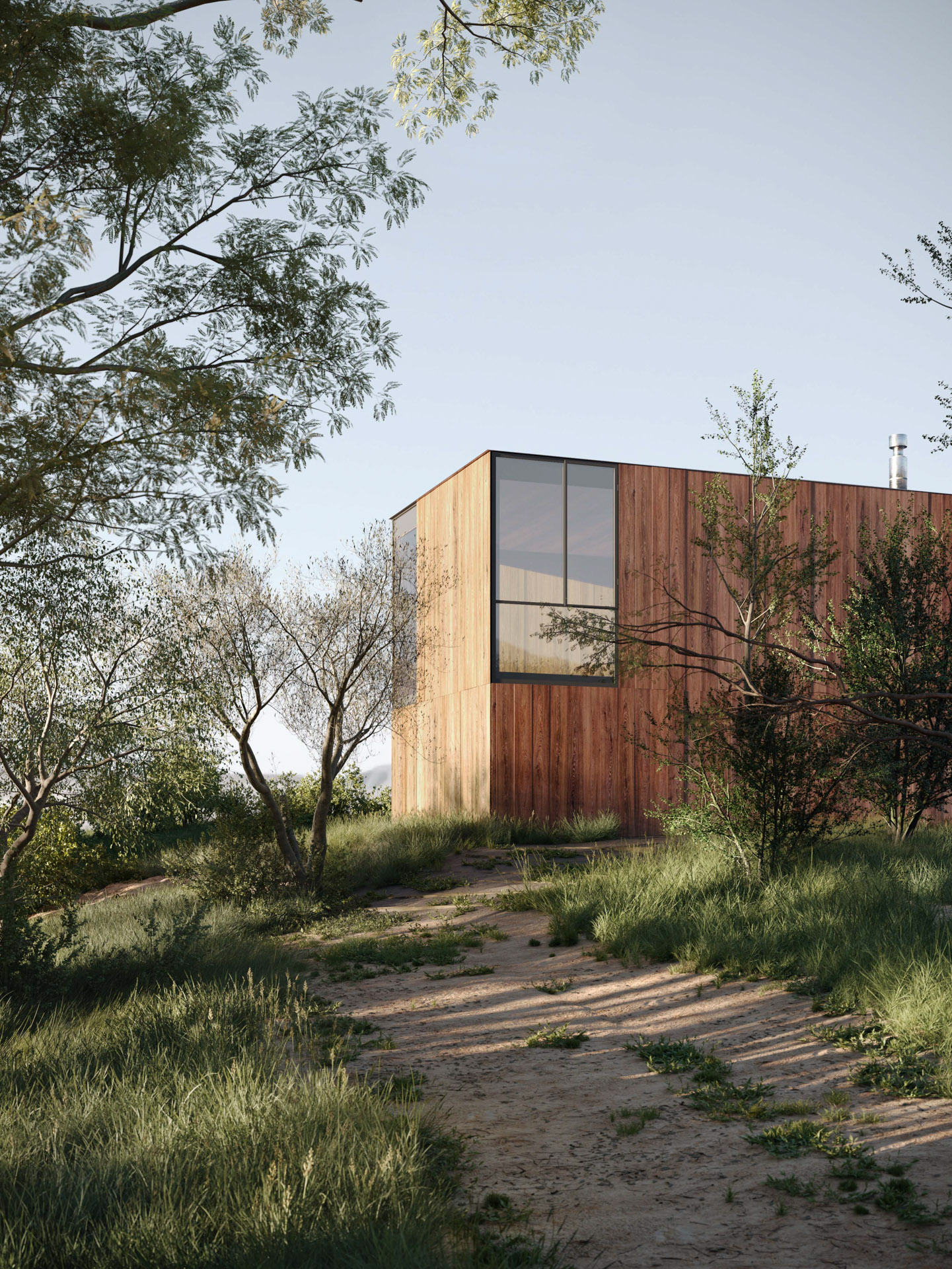 Photo-real exterior Rendering of a minimalist wooden cabin with large windows, surrounded by trees and tall grass on a sunlit forest path.