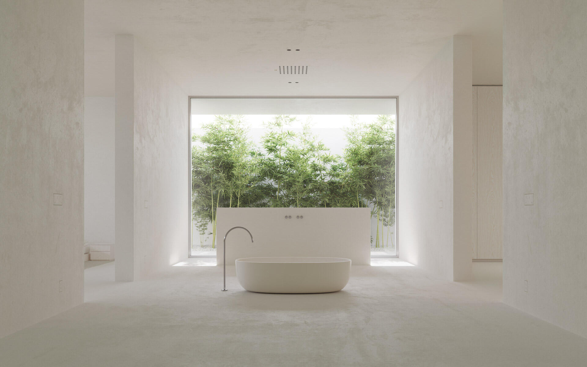 Rendering of a serene, all-white bathroom with a central tub and full-height glass opening to a bamboo courtyard.