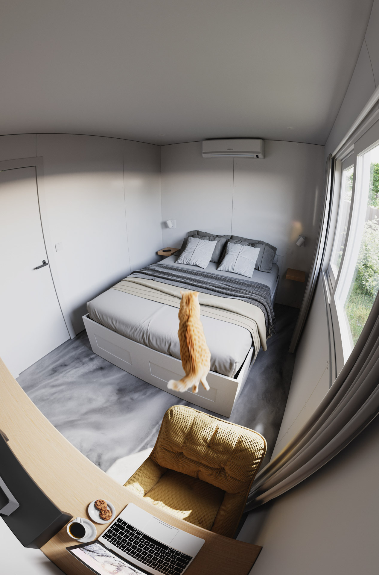 Photorealistic rendering of a minimalist bedroom workspace with soft lighting, a cozy chair, and a cat in motion