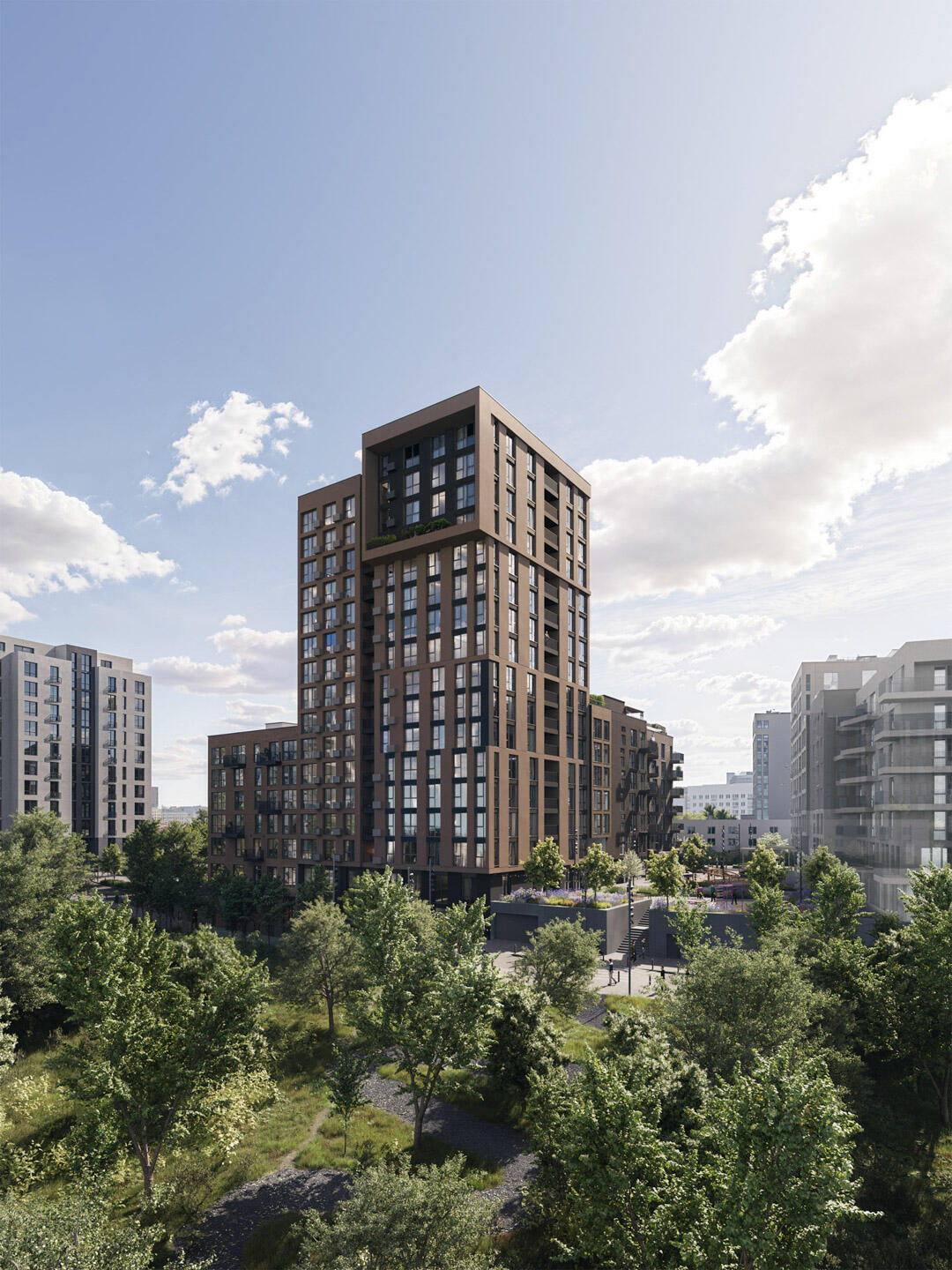 Photorealistic rendering of a contemporary mixed-use tower with stepped landscaping and urban park integration.