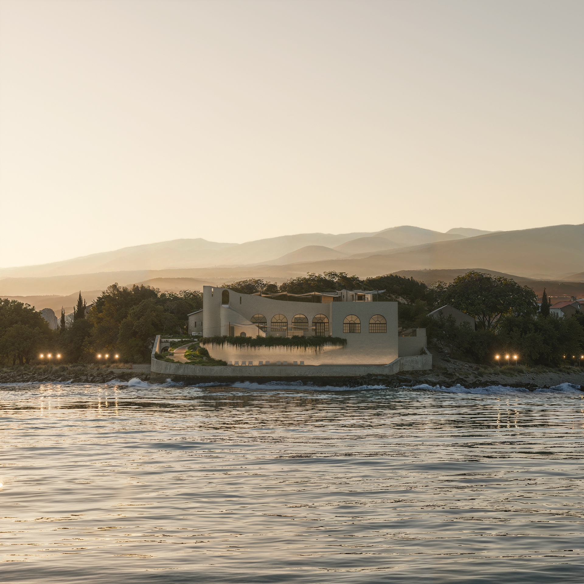 Sunset rendering of a Mediterranean-style villa by the sea, with arched façades and layered landscape