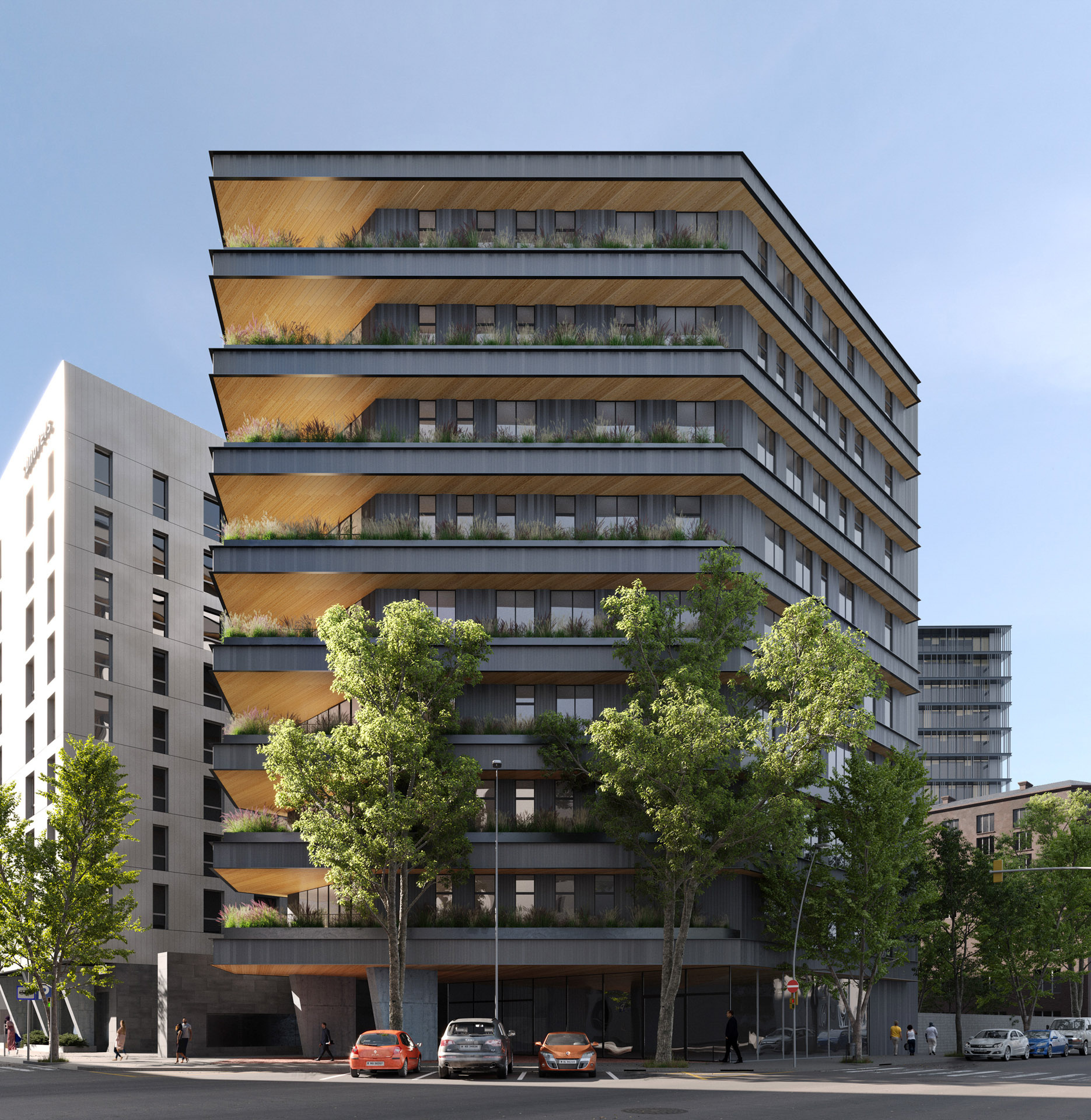 Archviz Rendering of a contemporary multi-story residential building with angled balconies, wood accents, and integrated greenery on each level.