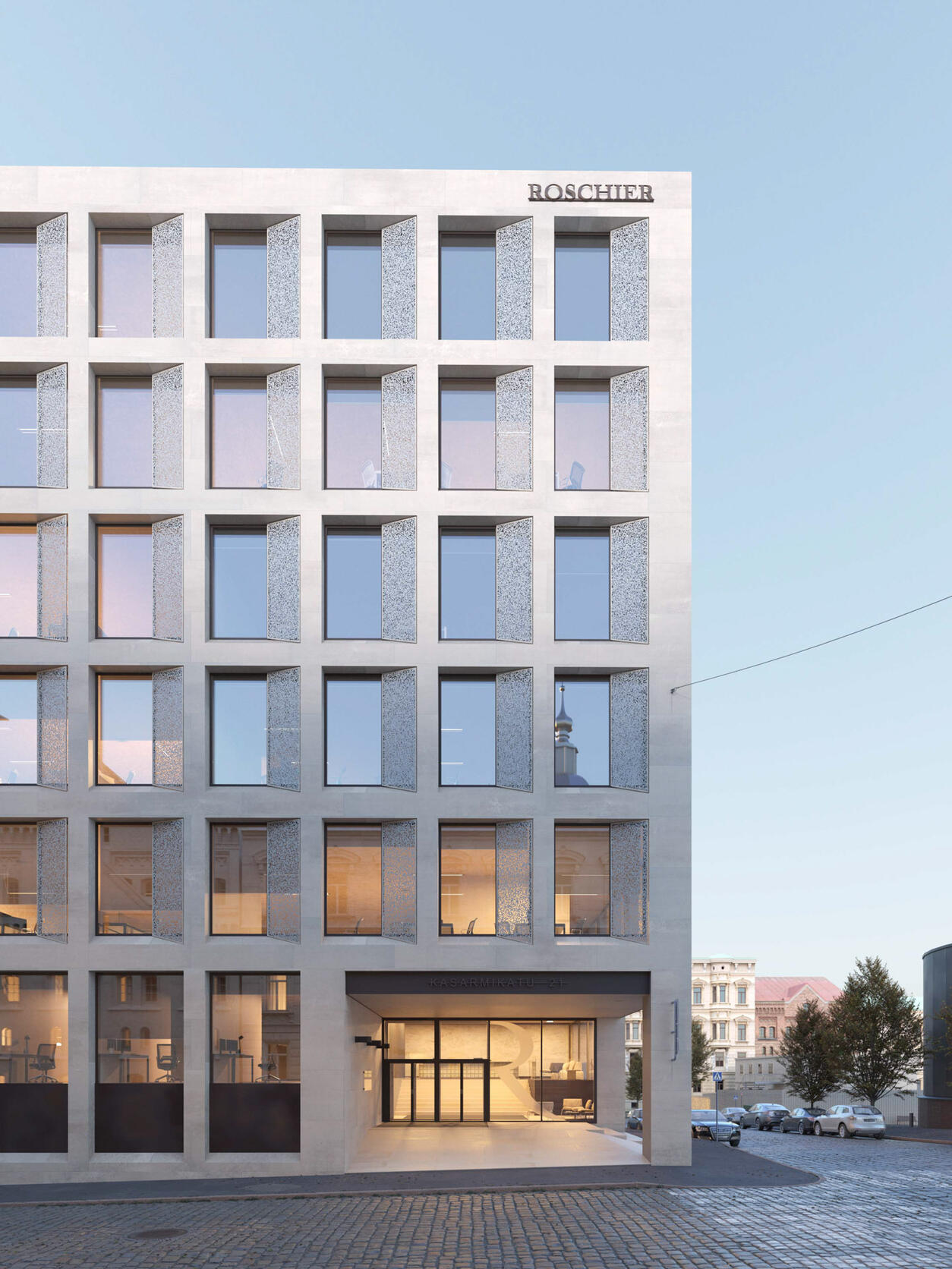 Architectural exterior rendering of a modern office building with a grid-like stone façade and large windows, located on a cobblestone street.