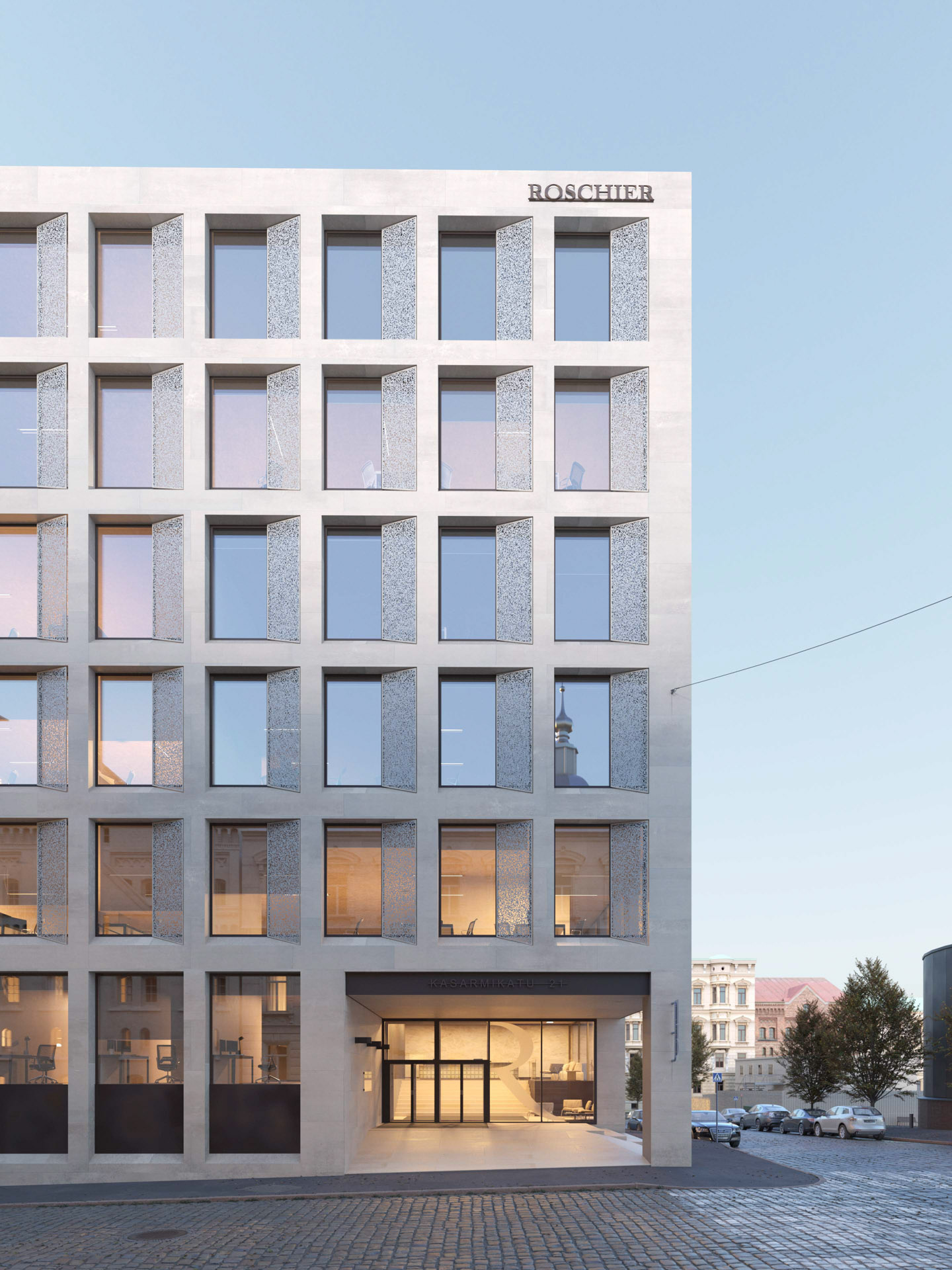 Architectural exterior rendering of a modern office building with a grid-like stone façade and large windows, located on a cobblestone street.