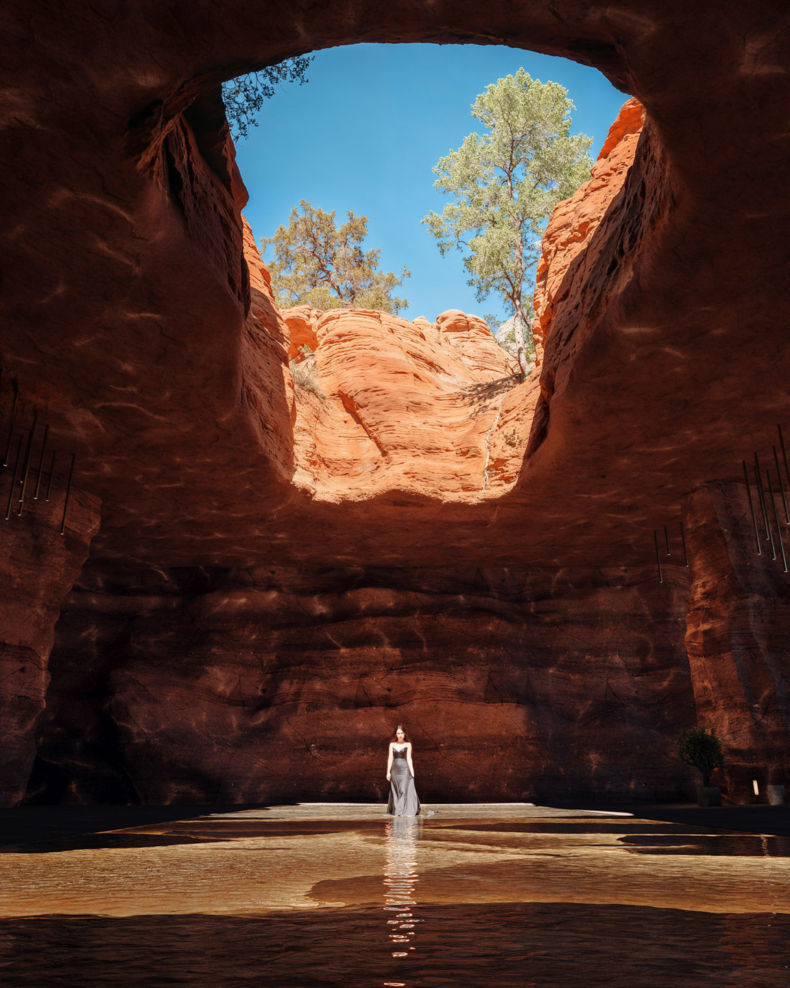 3D rendering of a lone woman stands in sunlit water beneath a red rock cavern’s skylight, surrounded by deep shadows and silence.