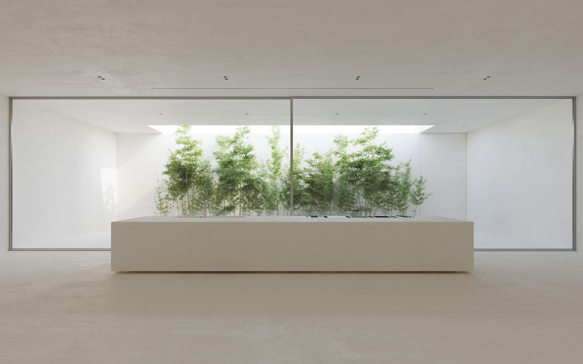 Interior Rendering of a minimalist kitchen with a monolithic island and full-height glass wall facing a bamboo-filled courtyard.