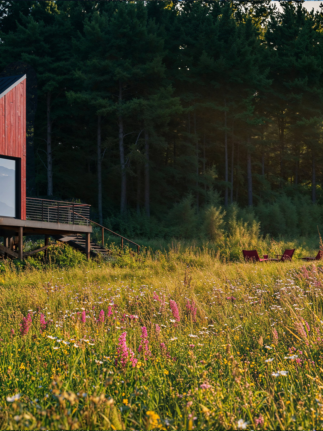 Rendering of a red cabin on stilts beside a wildflower meadow at the edge of a pine forest.
