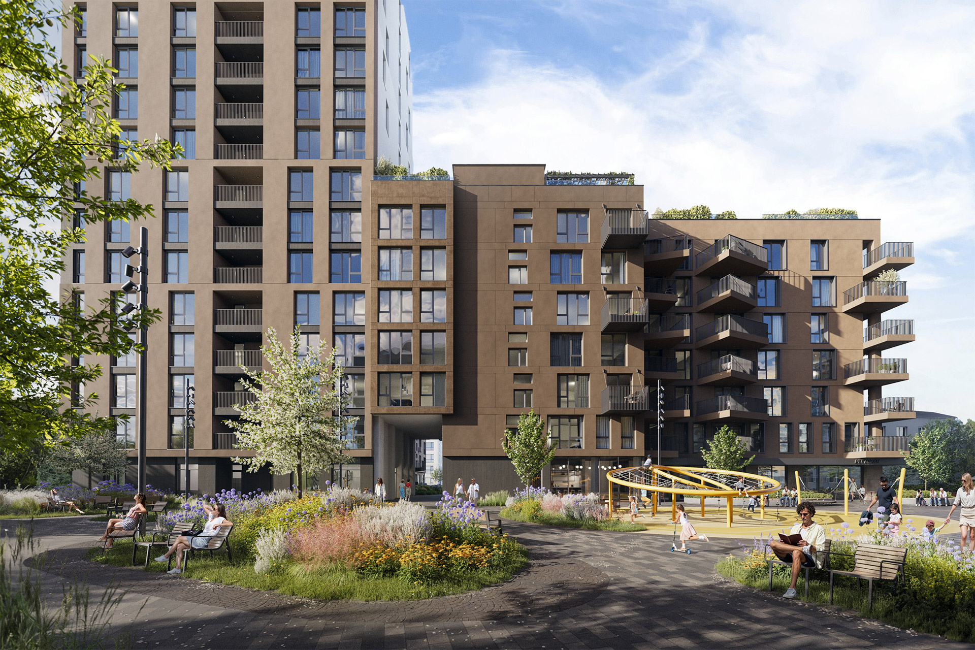 Exterior 3D Rendering of a contemporary apartment building with balconies, landscaped gardens, and an active playground surrounded by people.