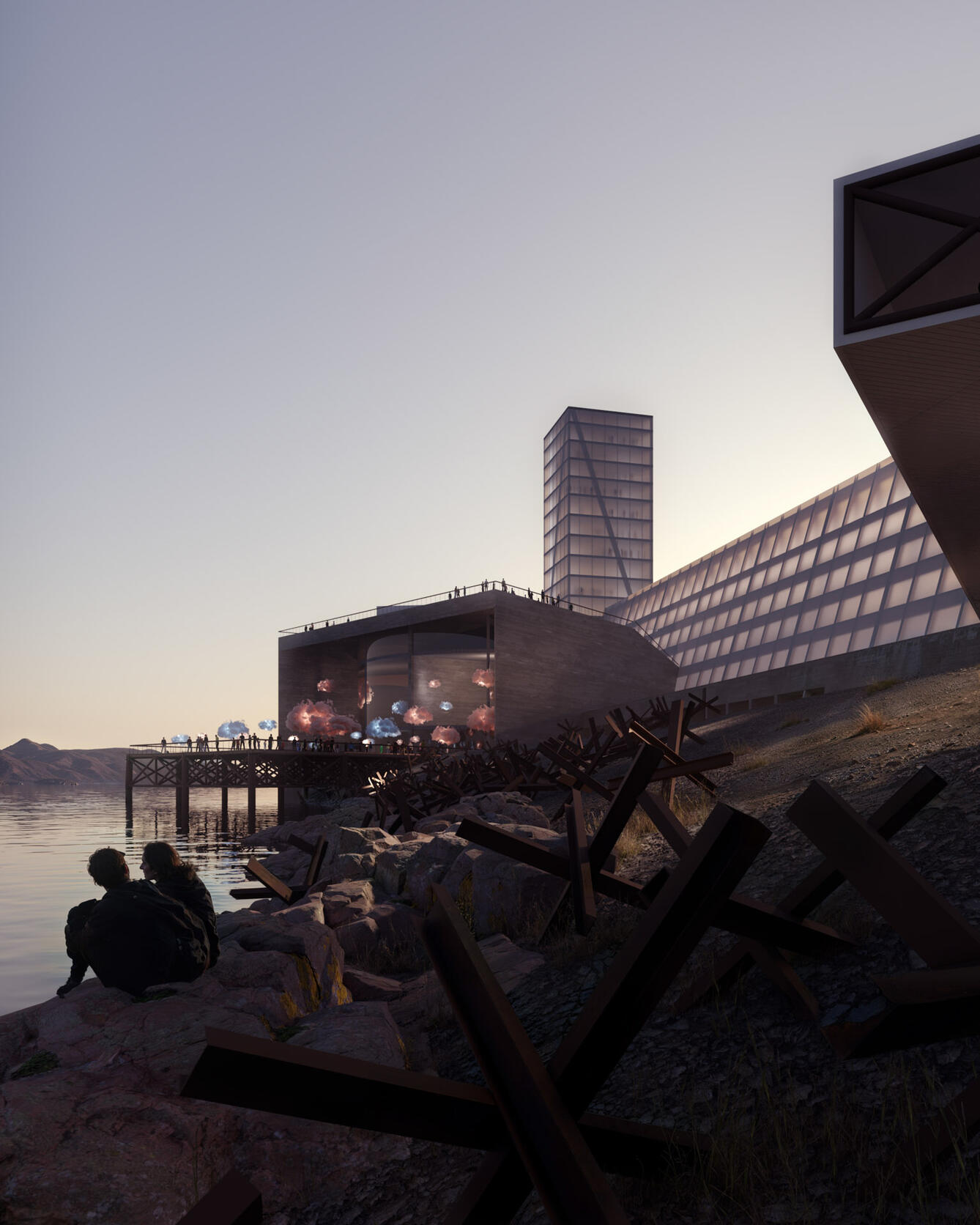 Rendering of a waterfront cultural building at dusk, with glowing sculptures on a pier and a couple seated on rocky shore