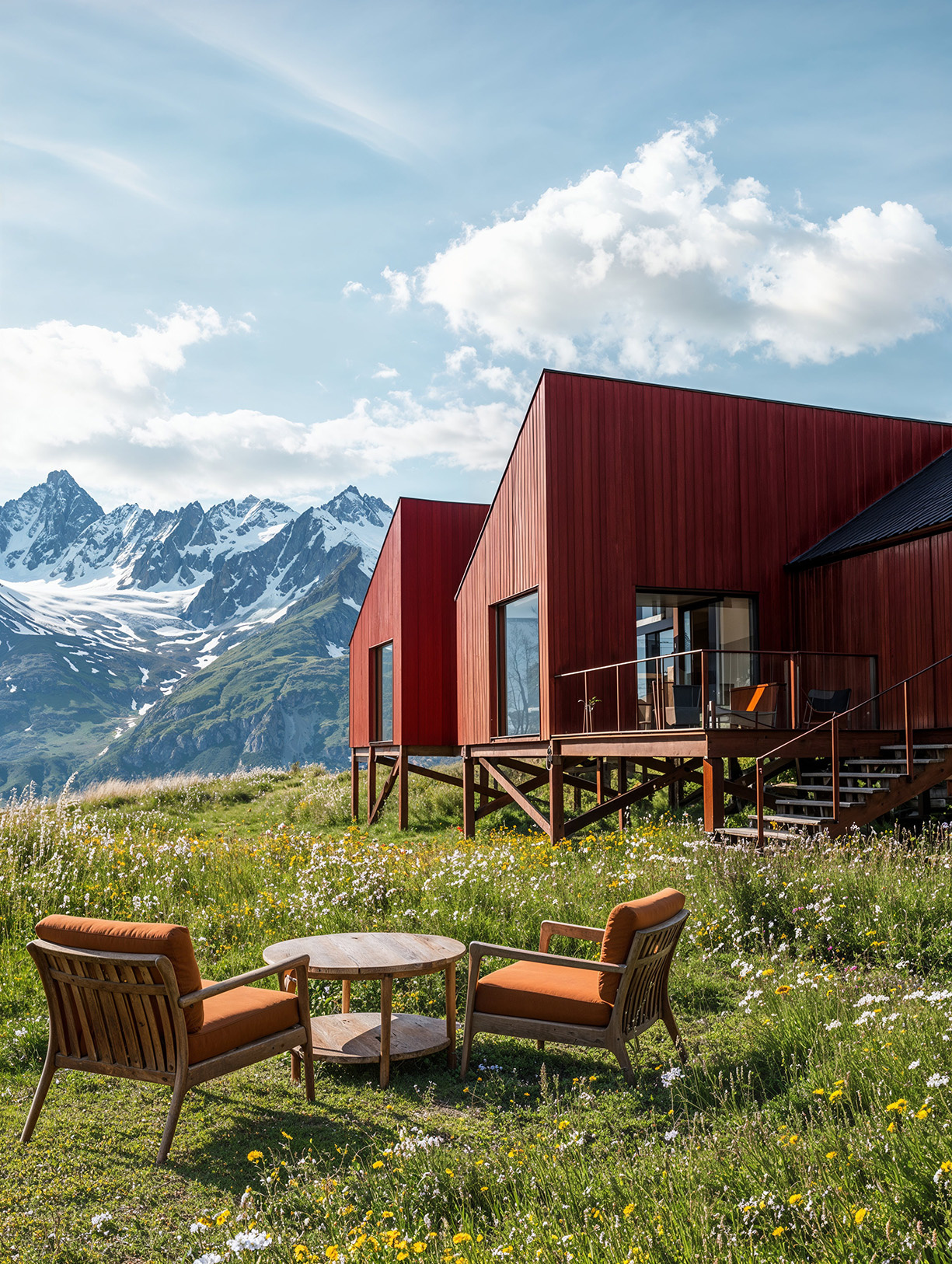 Photoreal rendering of modular timber cabins on stilts, set in an alpine meadow with panoramic mountain views.