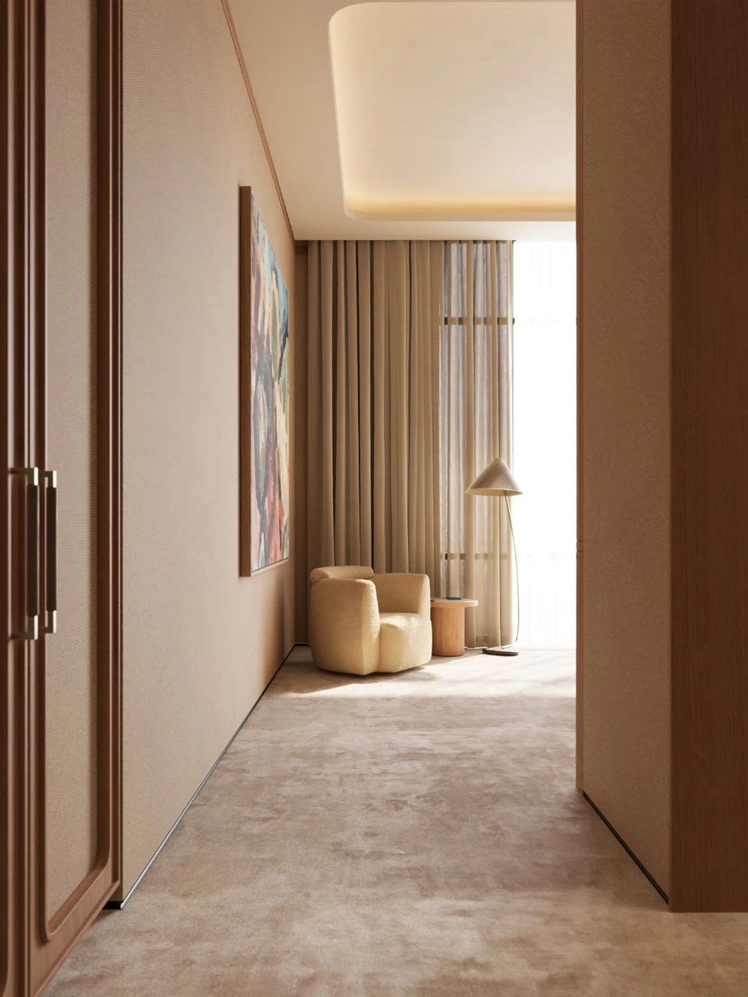 Hotel suite hallway with cream bouclé armchair, floor lamp, and flowing linen curtains — architectural interior rendering