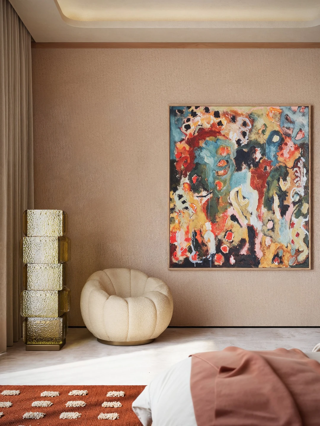 Luxury Bedroom Art Wall with Sculptural Lighting — Interior CGI Cream bouclé armchair and stacked amber glass floor sculpture beside large abstract painting on textured blush wall — architectural interior rendering