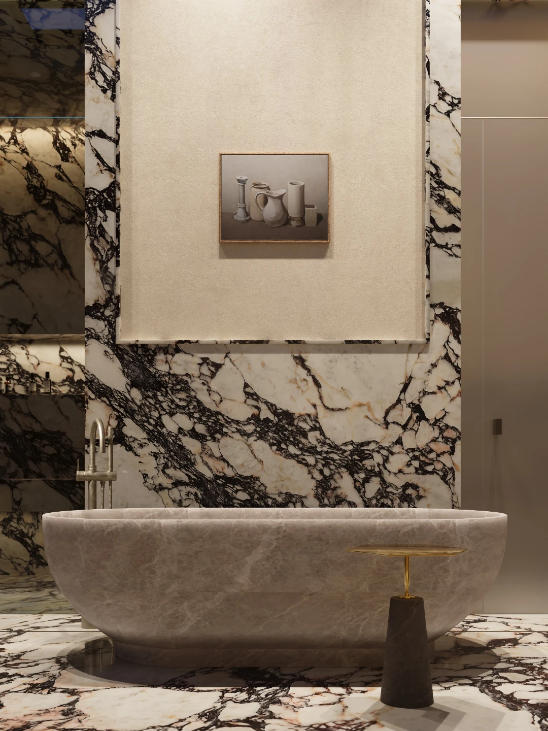 Stone freestanding bath against black-veined marble walls with plaster artwork niche — architectural interior rendering
