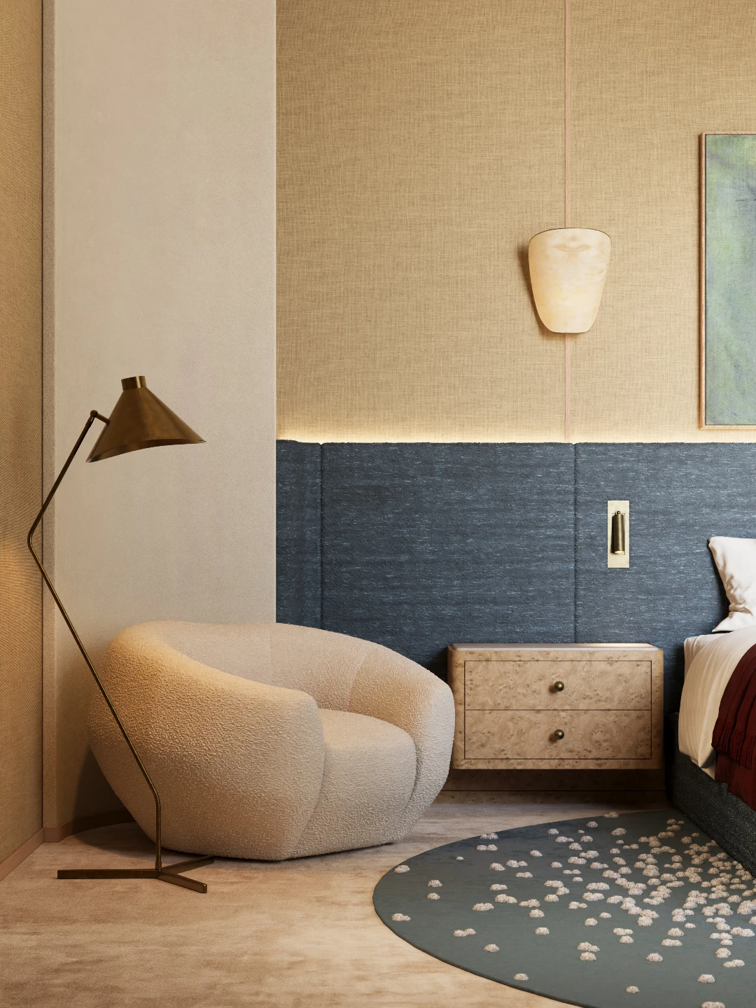 Luxury bedroom with bouclé lounge chair, two-tone grasscloth walls, and burl wood nightstand — architectural interior rendering