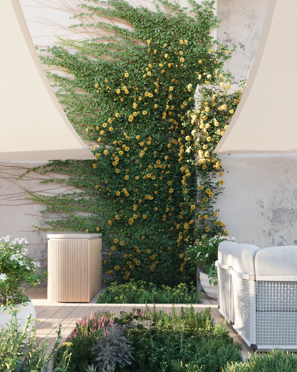 Climbing yellow roses cascading over a curved plaster arch on a landscaped Mediterranean terrace — architectural detail rendering