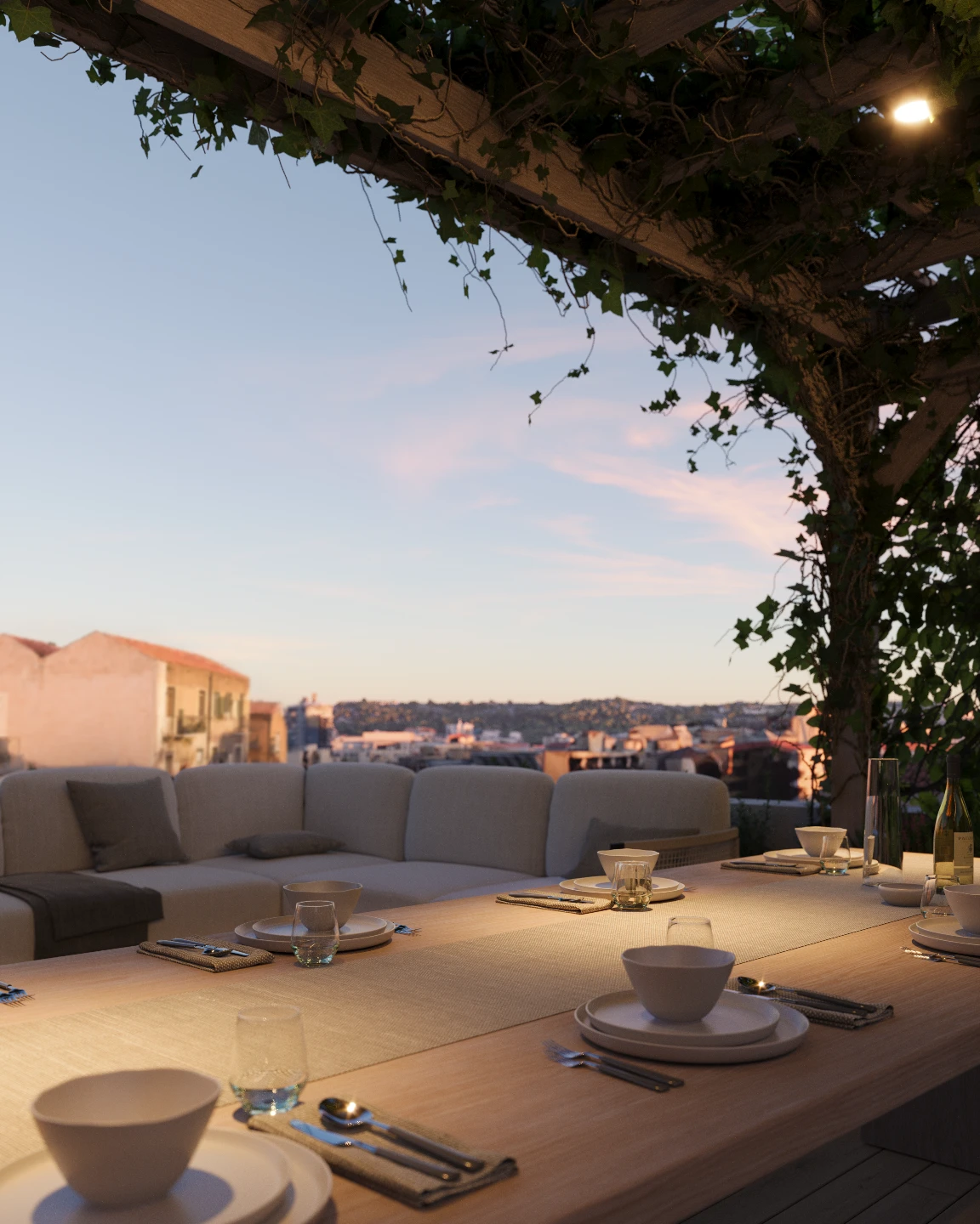 "Rooftop dining terrace with ivy-draped timber pergola set for guests overlooking city skyline at dusk — residential architectural rendering"