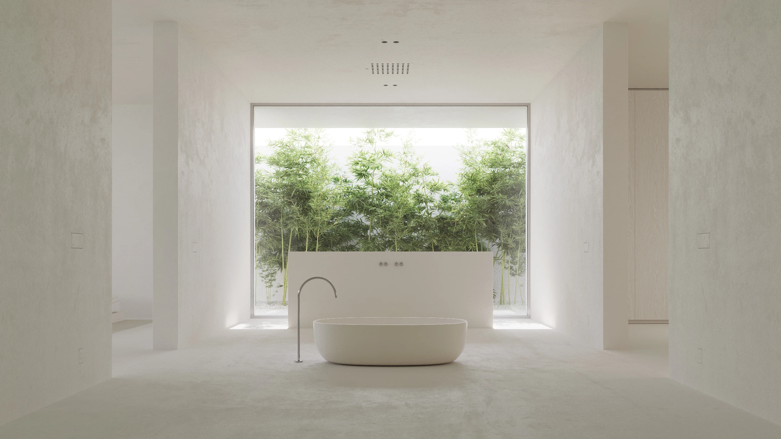 Freestanding oval bathtub with arc faucet facing bamboo garden through picture window in plaster bathroom — architectural interior rendering