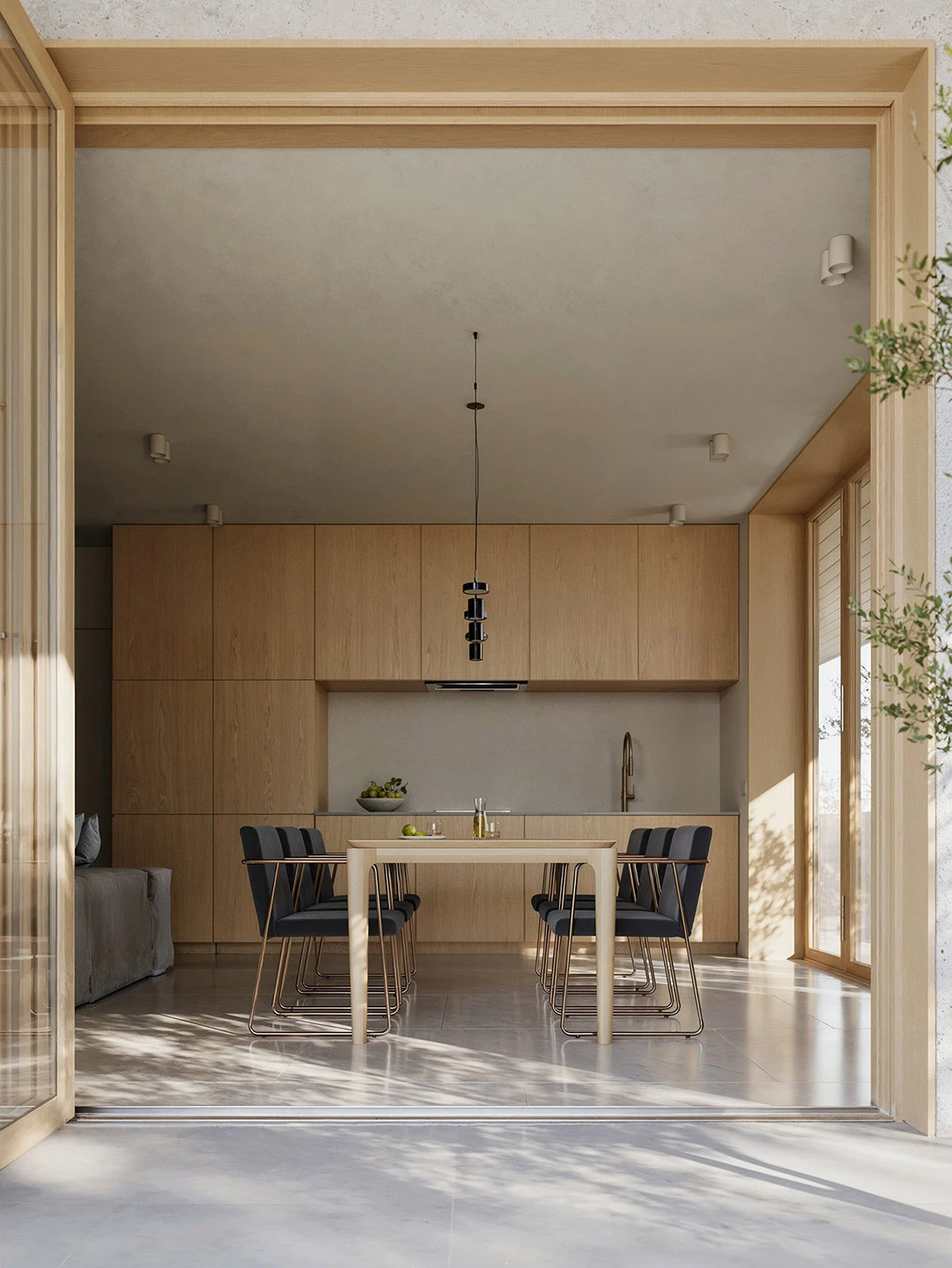 Japandi kitchen-diner with full-height oak cabinetry, polished floors, and dappled natural light — architectural interior rendering