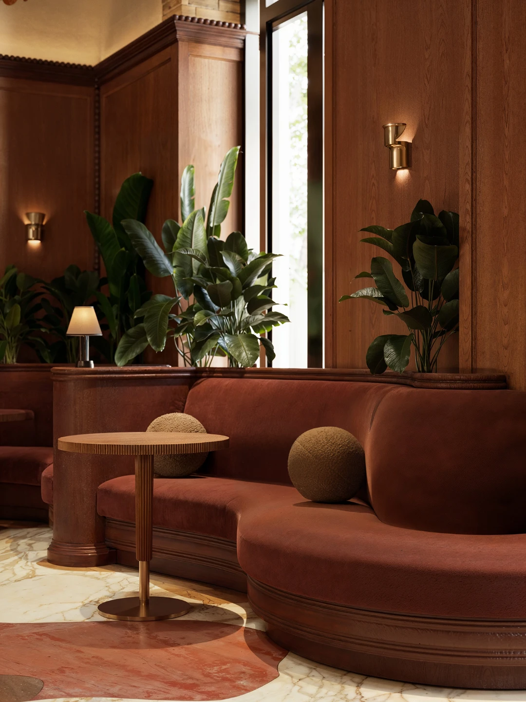 Art Deco hotel lounge with curved terracotta velvet banquette, carved walnut paneling and brass sconces — architectural interior rendering