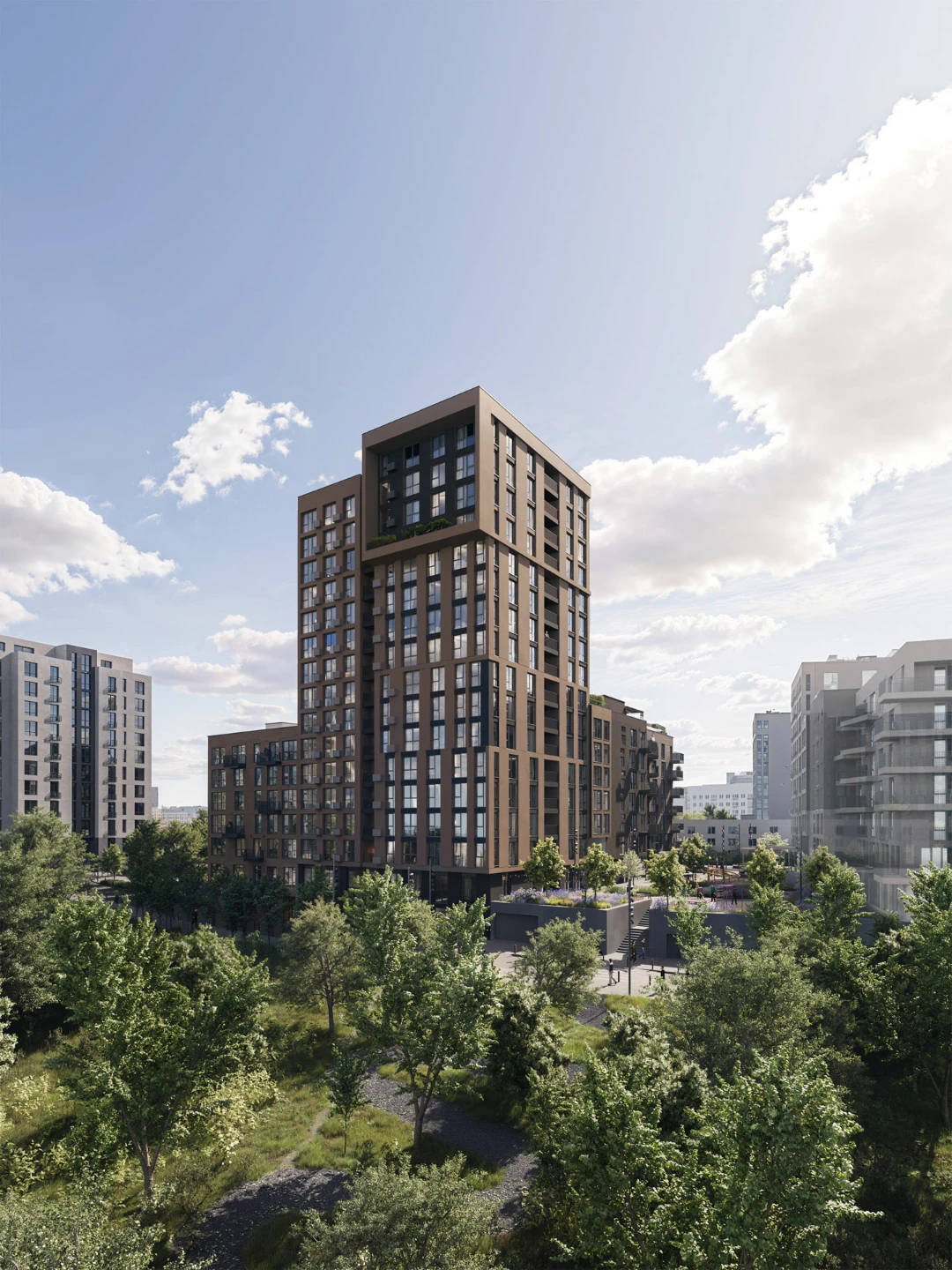 Urban Residential Tower — Brick Facade Exterior Architectural Rendering Stepped brown brick residential tower with balconies emerging from urban tree canopy — residential architecture rendering