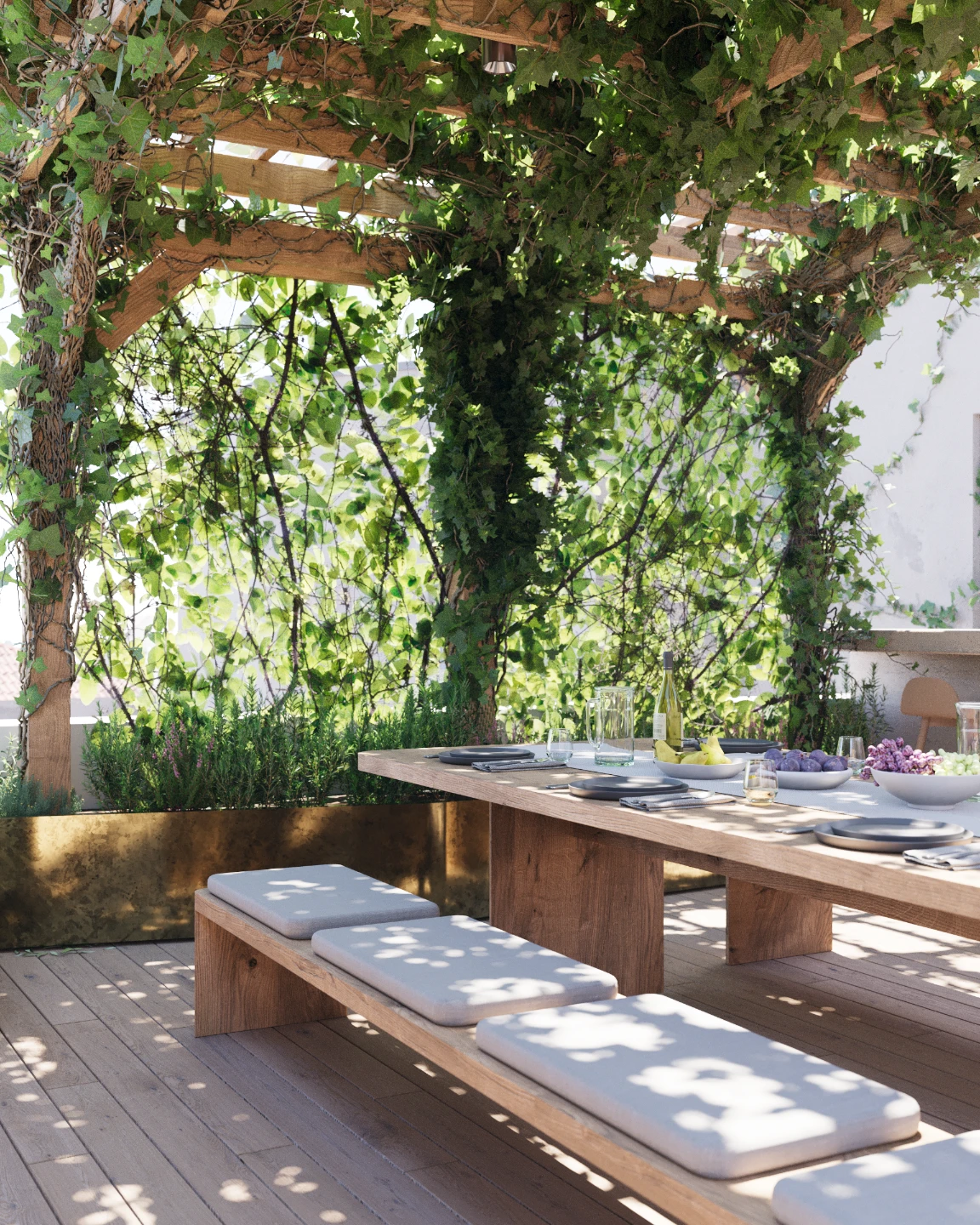 Contemporary rooftop terrace with tensile shade sail and Mediterranean planting — residential architectural rendering