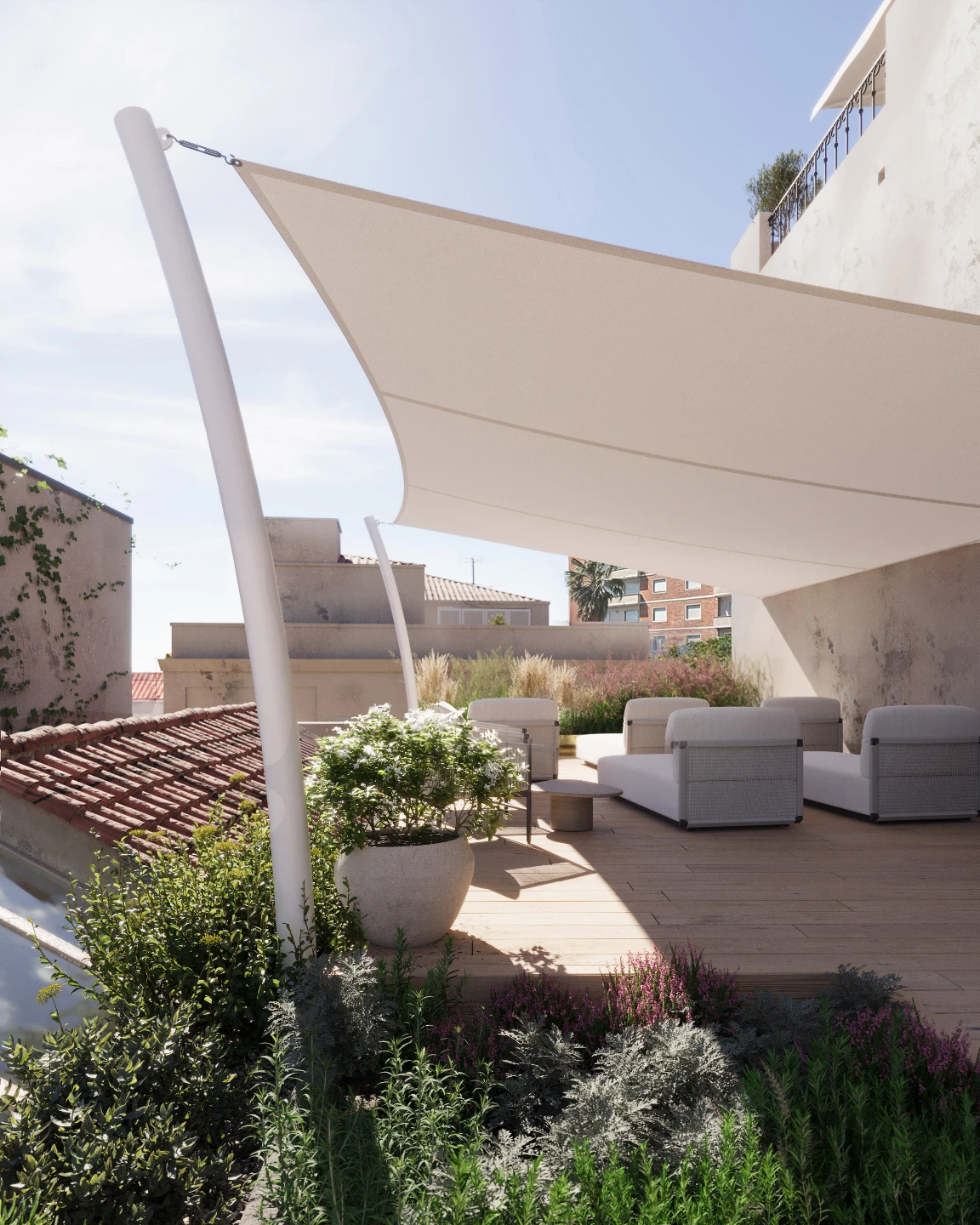 Rooftop terrace with white tensile shade sail, lavender planting beds, and modular lounge seating — landscape architectural rendering