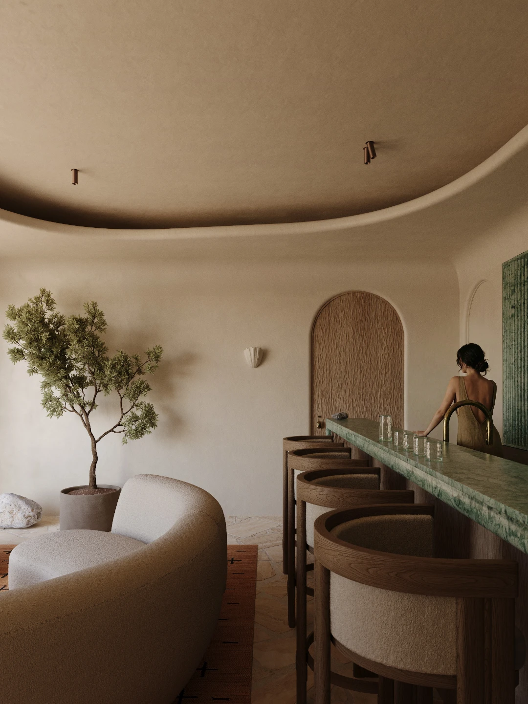 Luxury bar with emerald green marble counter, curved plaster soffit, and potted olive tree — architectural interior rendering