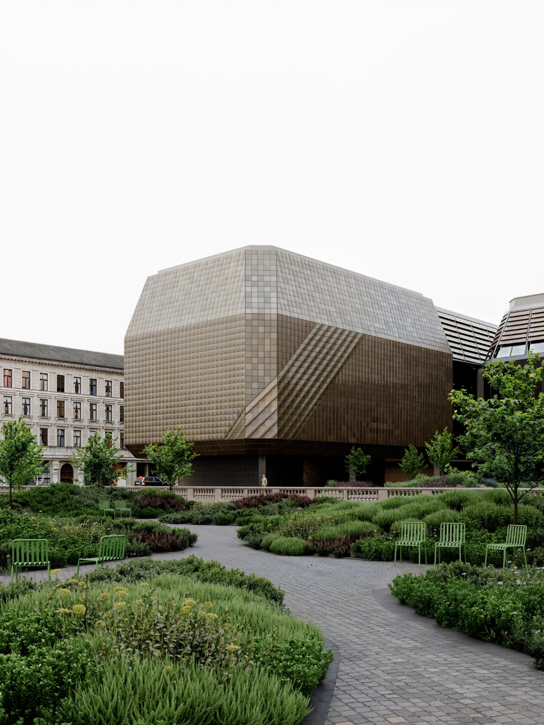 Bronze Faceted Cultural Building — Urban Garden Exterior Architectural Rendering Faceted bronze tile-clad cultural building on pilotis set in formal European public garden — architectural exterior rendering