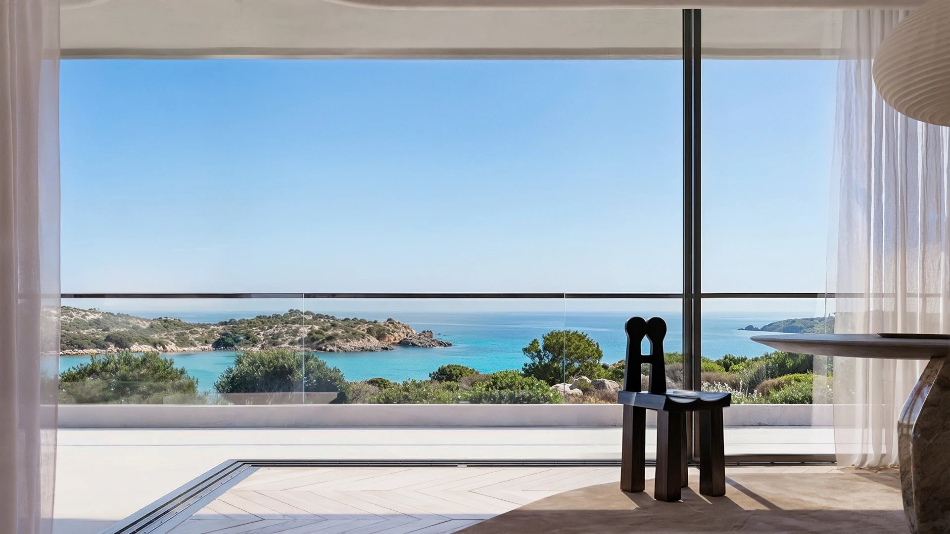 Mediterranean Villa Sea View Interior — CGI Visualization Minimalist interior with sculptural dark wood stool facing floor-to-ceiling glazing overlooking turquoise Mediterranean bay — architectural interior rendering