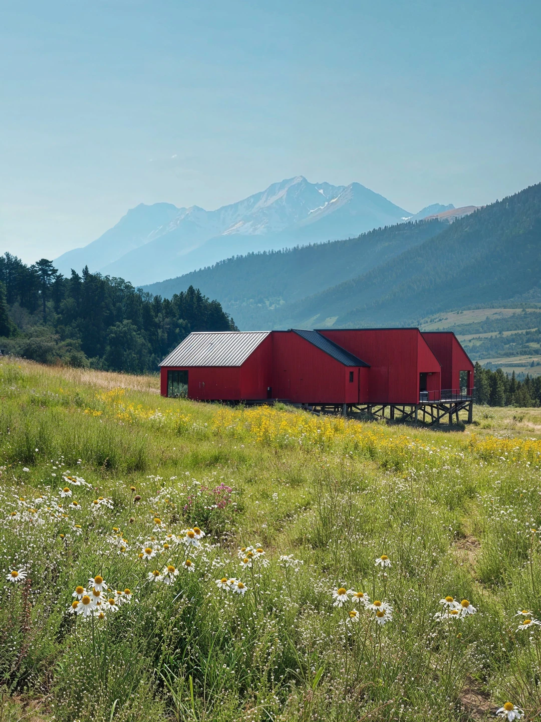 Bold red timber mountain retreat on stilts in alpine wildflower meadow with snow-capped peaks beyond — architectural exterior rendering