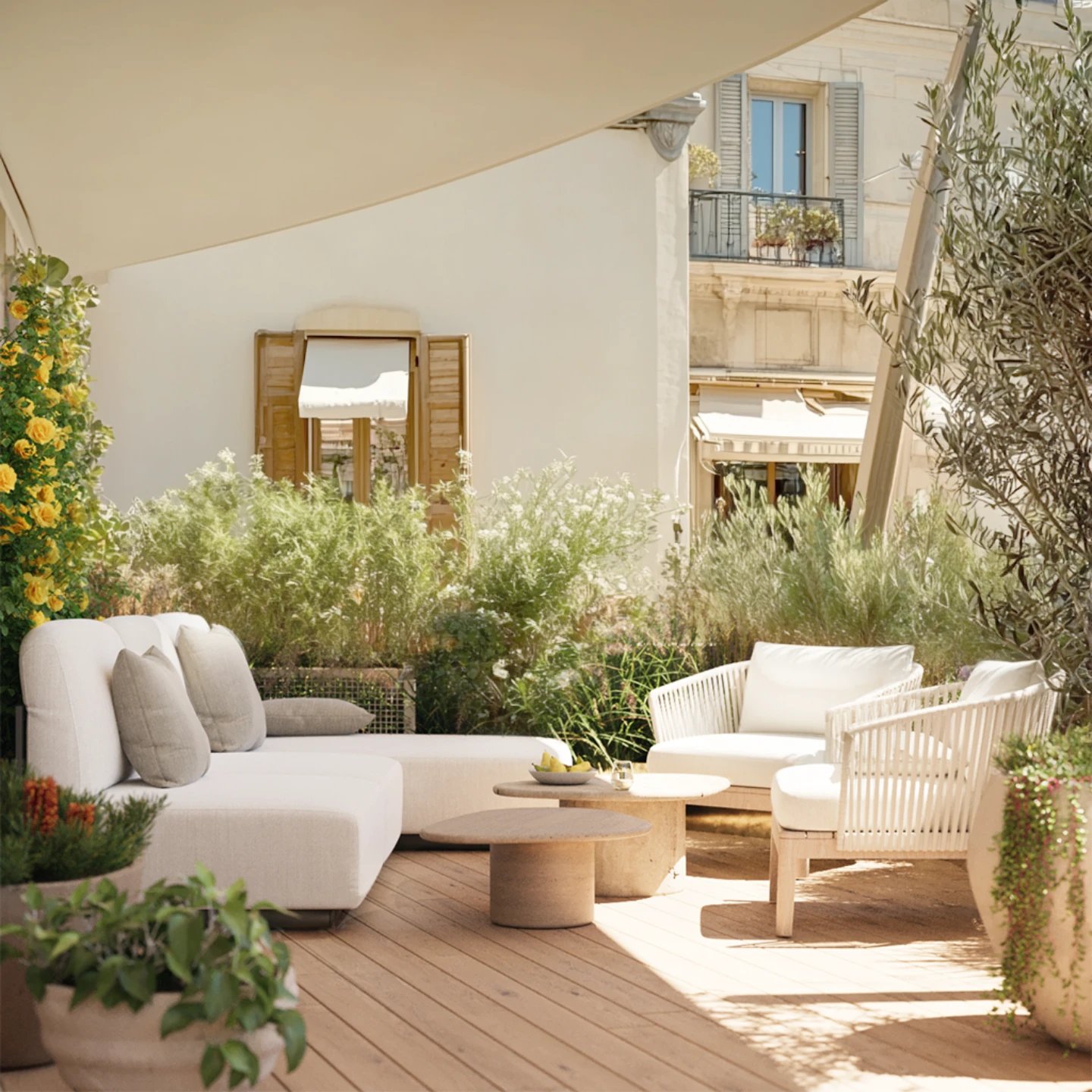 Landscaped terrace with curved white outdoor sofa, ornamental grasses and yellow climbing roses — architectural rendering