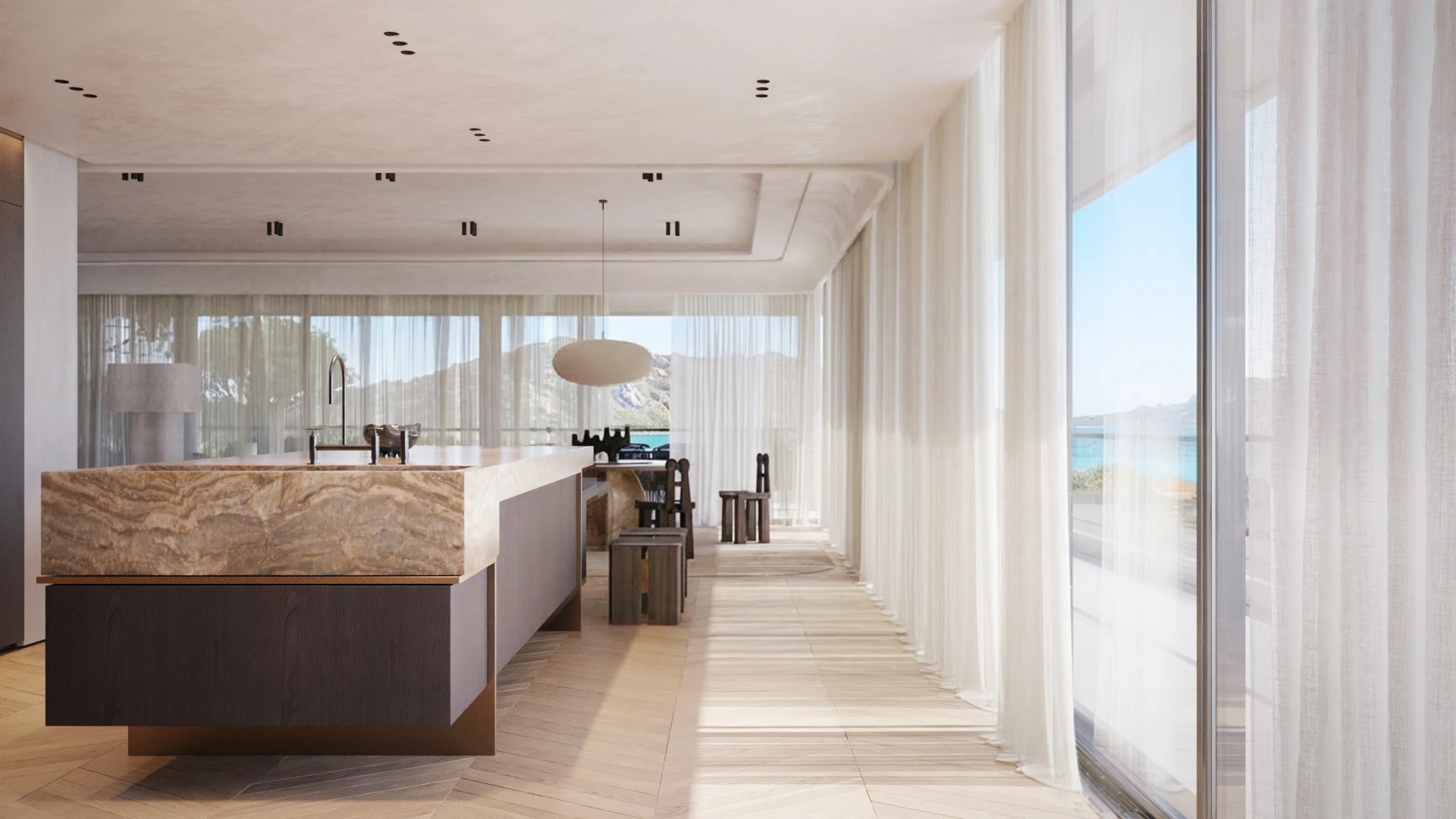 Coastal villa kitchen with book-matched onyx island, herringbone oak floor, and sheer curtains — architectural interior rendering