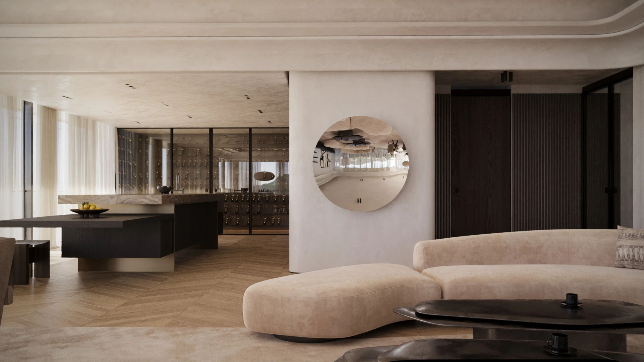 Luxury open-plan apartment with curved sand velvet sofa, dark stone kitchen island and herringbone oak floor — architectural interior rendering