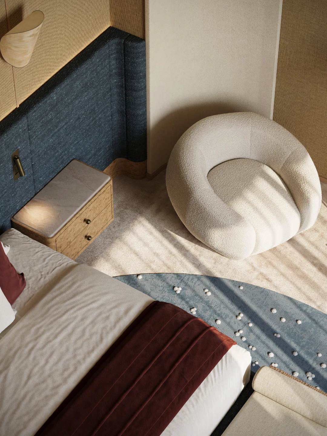 Top-down luxury bedroom with navy headboard, burgundy velvet throw, and boucle ottoman — architectural interior rendering