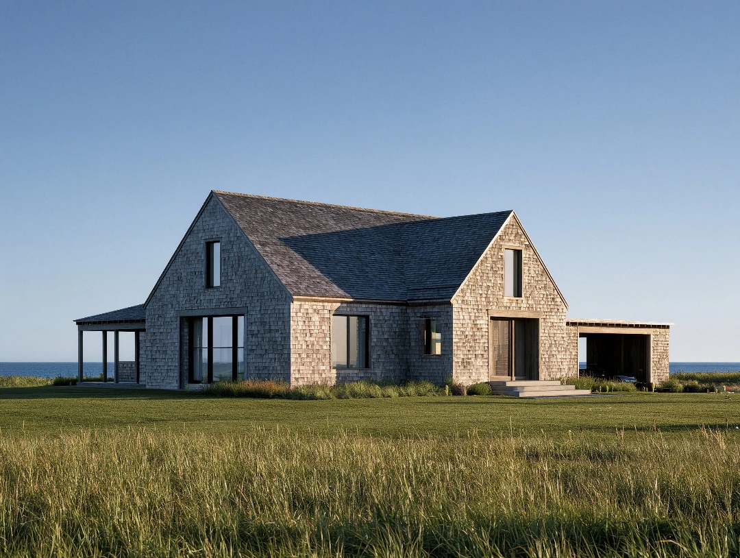 A single family residential home in Cape Cod style architecture with weathered cedar shingles and copper gutters