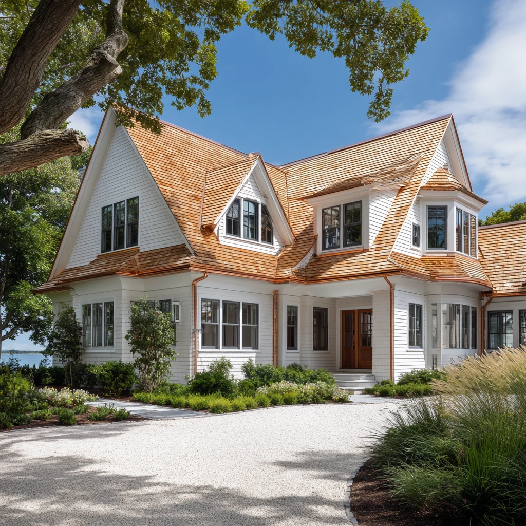 A single family residential home in Cape Cod style architecture with weathered cedar shingles and copper gutters