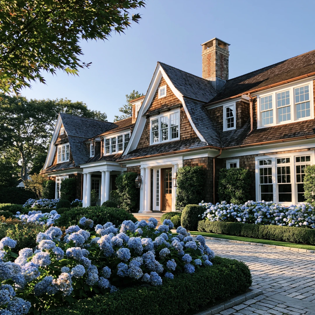 an image of a house in Cape Cod with cedar shingle walls and roof, with a garden of hydrangea macrophylla, boxwood, and a pea stone driveway